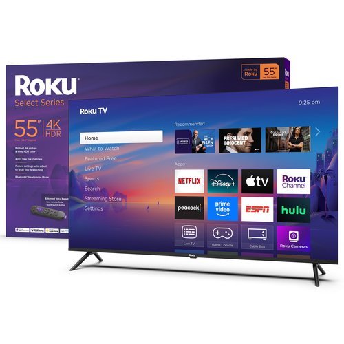 Roku Smart TV 2025 – 55-Inch Select Series, 4K HDR TV – Roku TV with Enhanced Voice Remote – Flat Screen LED Television with Wi-Fi for Streaming Live Local News, Sports, Family Entertainment