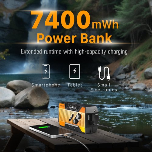 FosPower Emergency Weather Radio (Model A1) NOAA/AM/FM with 7400mWh Portable Power Bank, USB/Solar/Hand Crank Charging, Battery Operated, SOS Alarm & Flashlight for Indoor/Outdoor Emergencies