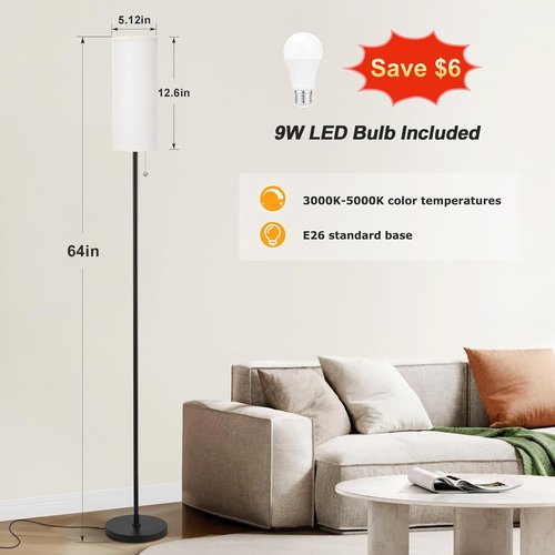 Ambimall 64'' Floor Lamp - Minimalist Design with Beige Shade & Pull Chain Switch for Living Room