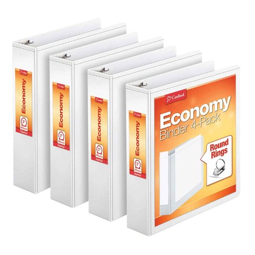 Cardinal Performer 3-Ring Binders, 3", Non-Locking Slant-D Rings, White, 4-Pack & Economy 3 Ring Binder, 2 Inch, Presentation View, White, Holds 475 Sheets, Nonstick, PVC Free, 4 Pack of Binders