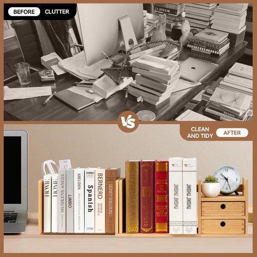 KIRIGEN Wood Adjustable Desk Orangizer Storage Expanable Desktop Bookshelf Fully Assembled Bookcase Adjustable Book Rack with Drawer for Office SSSJ-L-NA