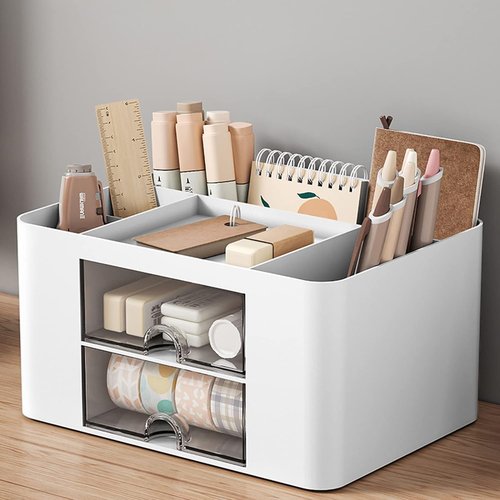 Catekro Desk Organizer with 2 Drawer, Multi-Functional Pencil Holder for Desk, Desk Organizers and Accessories with 5 Compartments + Drawer, Office Supplies, Vanity Table Office School Home(White)