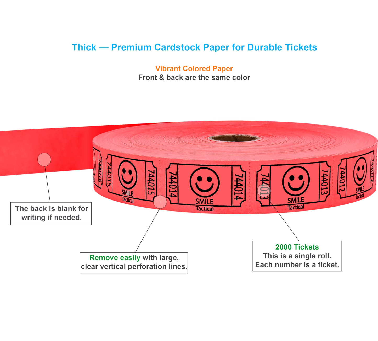 Tacticai 2000 Raffle Tickets, Smile, Red (1 of 8 Colors), Single Roll, Ticket for Events, Entry, Class Reward, Fundraiser & Prizes