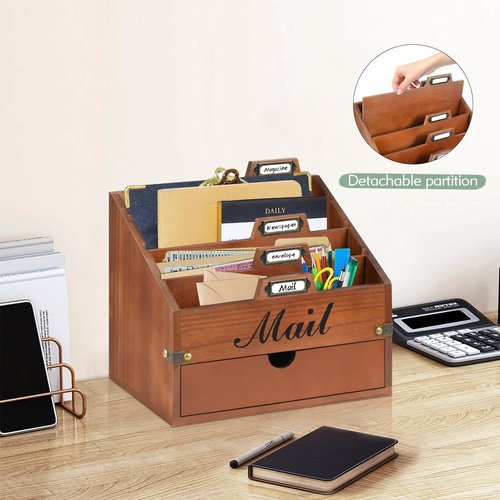 VOOTTOU Wood Mail Organizer Countertop, Desktop Mail Organizer with 4 Compartments and Drawer, Mail Holder File Organizer Wall Mount, Desk Accessories & Workspace Organizers, File Paper Holder