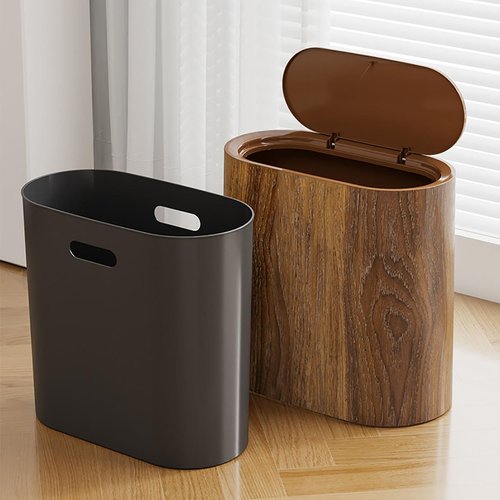 Bathroom Garbage Can with Lid, Plastic Wood Grain Finish Pattern Trashcans with Press Type Lid, Narrow Kitchen Trash Can, Durable & Space-Efficient Design, Hand-Press Lids Mechanism (Brown)