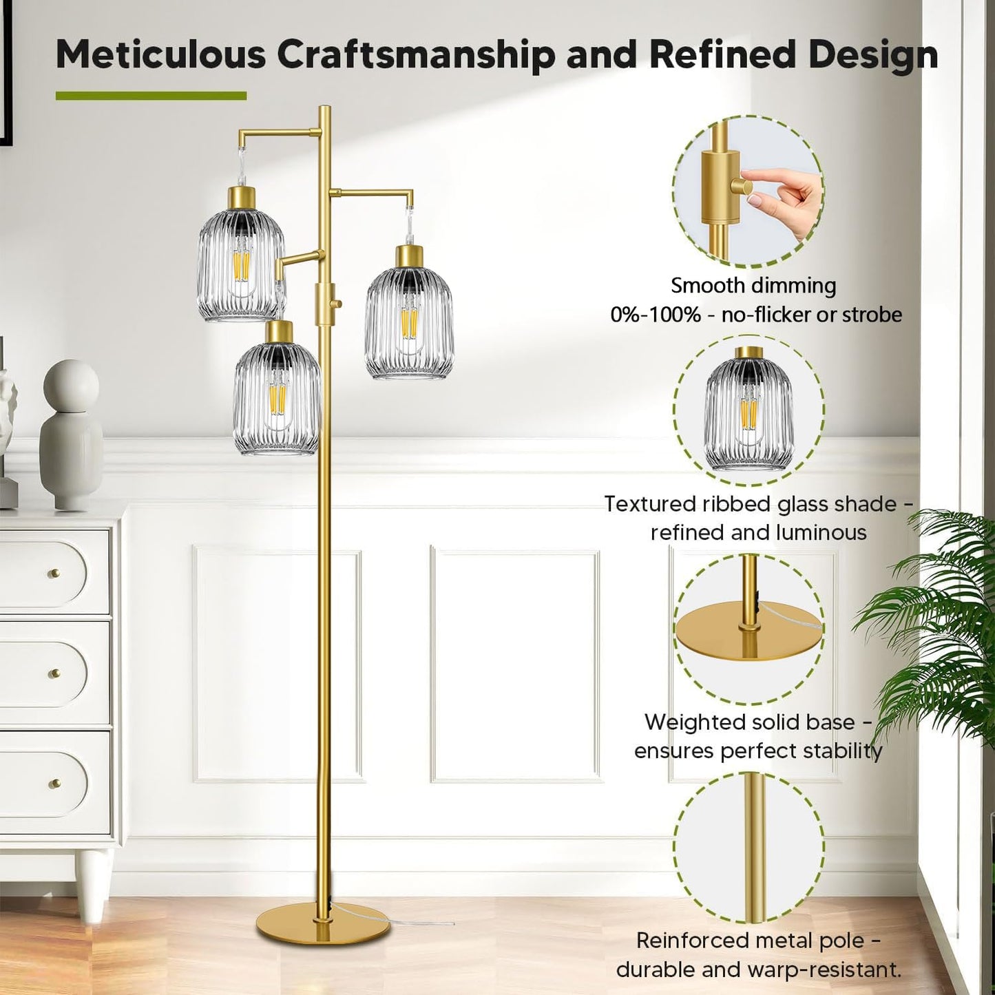 LVYE Modern Standing Lamps for Living Room, Floor Lamp with Clear Ribbed Glass Shade, Dimmable Tree Lamp Standing Lamp, Mid Century Tall Lamps with 3×600LM LED Bulbs