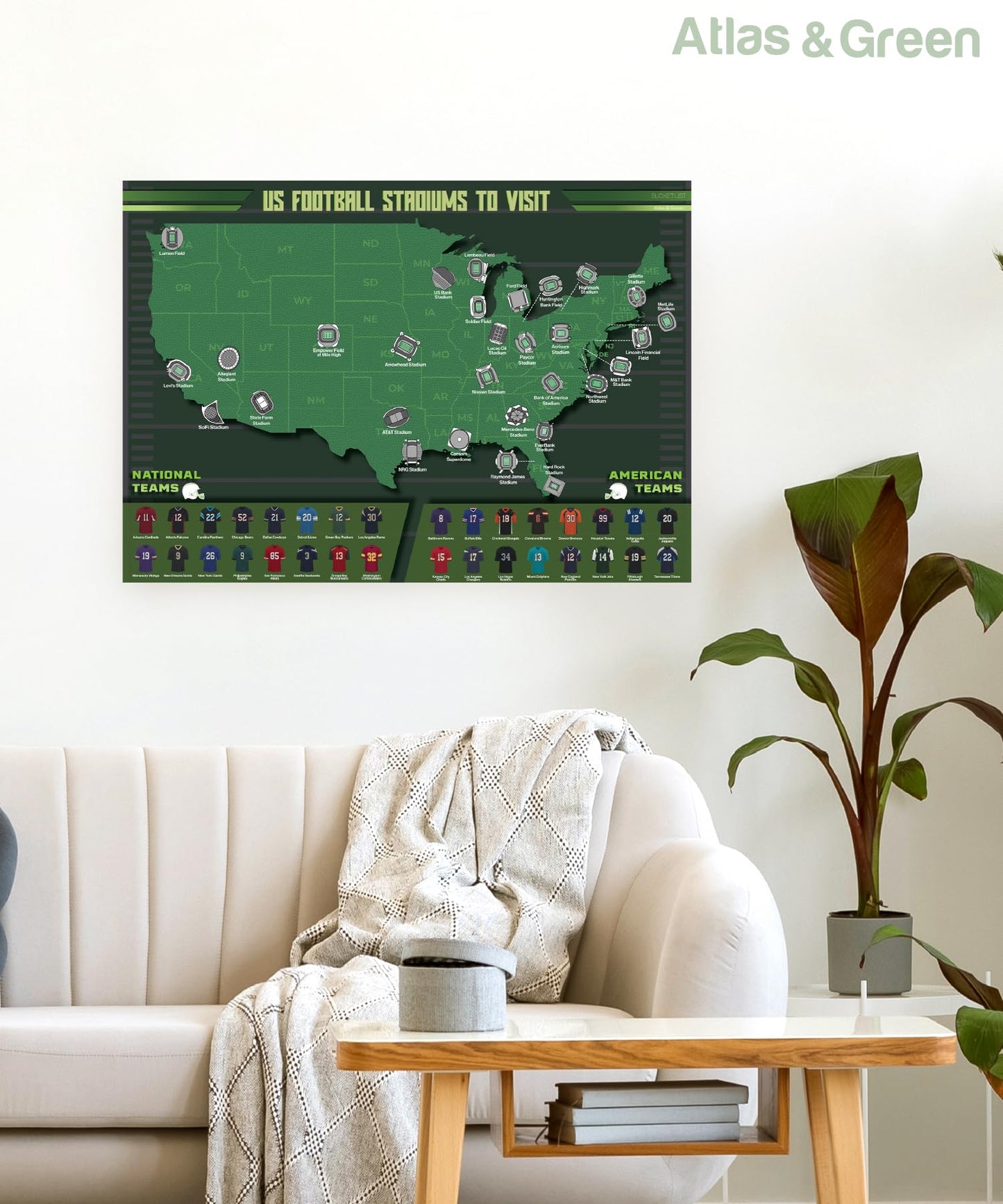 Atlas & Green US Football Stadiums of America Scratch Off Map. Pro Football Satdiums Scratch Off Poster. Large A2 Stadiums Wall art. A2 Sports Poster With Gift Tube