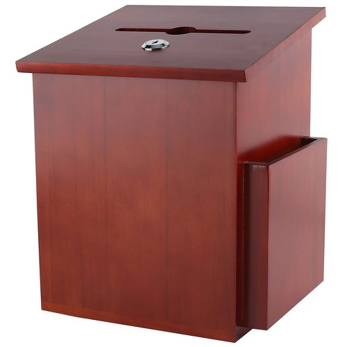 Wood Charity Donation collection Box Office suggestion Ballot Box With wide slot for envelopes and suggestion comment forms, side Pocket and Locking Hinged Lid & Pen for Table Or Counter-top(Mahogany)