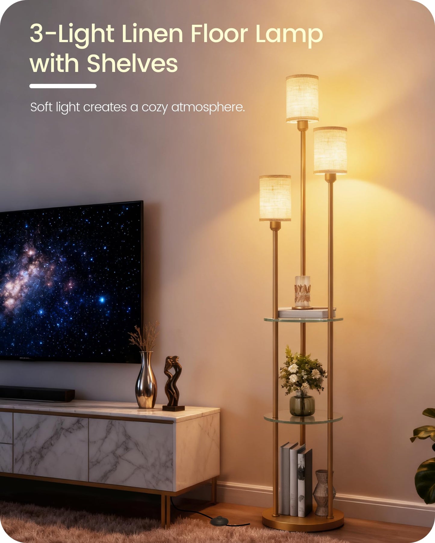 GOEBLESON Floor Lamp with Shelves, Modern Floor Lamp with 3 Linen Shades and Foot Switch, 3-Light Standing Lamp, for Living Room, Bedroom, Study, Office, Gold and Beige ED53LD05
