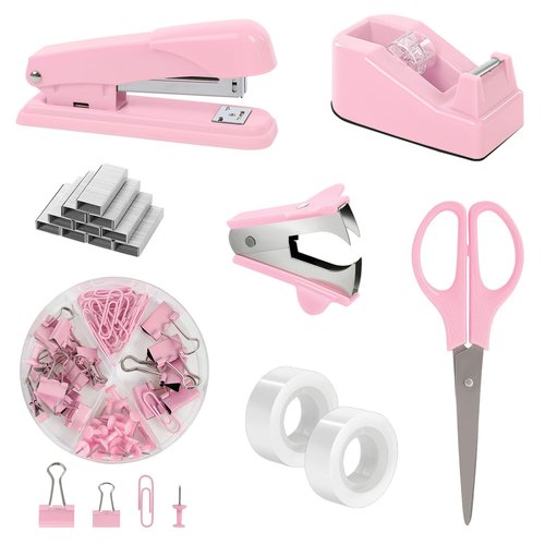 SKYDUE Pink Office Desk Accessories, Pink Office Supplies, Stapler, Tape Dispenser, Scissors, Clips and 1000pcs Staples,Office Supplies for Desk for Women