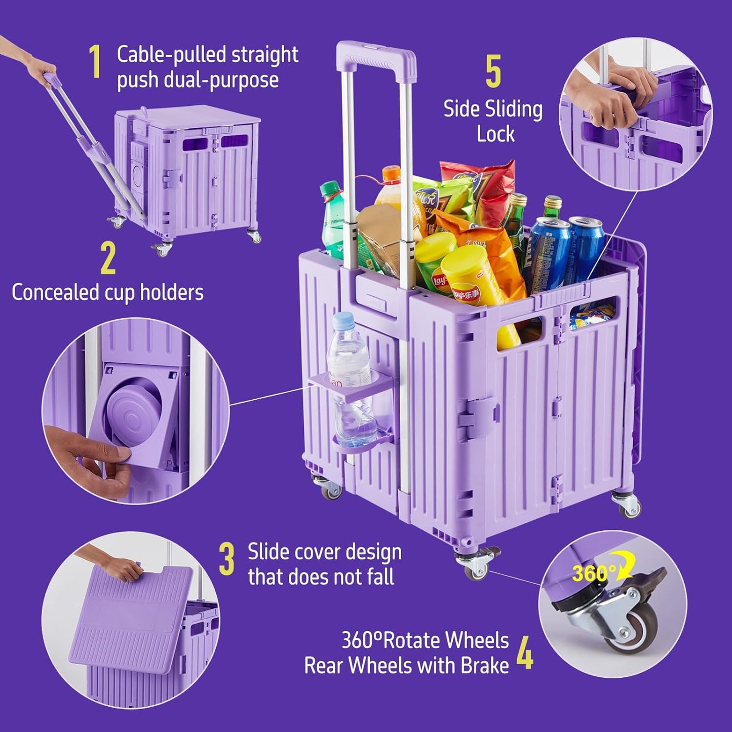 Skiennix Folding Utility Cart - Portable Rolling Handcart with Lid & 4 Swivel Wheels | Purple