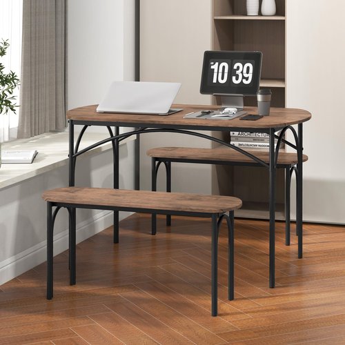 Giantex Dining Table Set for 4, Modern Oval Kitchen Table Set with 2 Benches, Metal Frame, Space Saving Kitchen Table Chairs Set of 4, 3-Piece Dinette Set for Small Space, Breakfast Nook Table Set