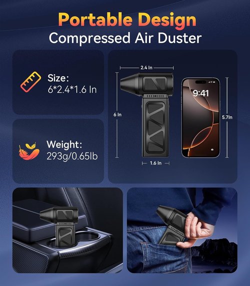 YUHUO Compressed Air Duster, 360000 RPM Electric Air Duster, Rechargeable Cordless Air Blower Power Turbo Fan,5 Gears Adjustable Jet Dry Blower Replace Air Can for Keyboard Computer Car Outdoor Home