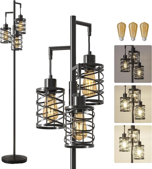 Oneach 70" Industrial Floor Lamp - Stepless Dimmable Standing Lamp with 3 Bulbs | Black Farmhouse Design for Living Room, Bedroom & Office