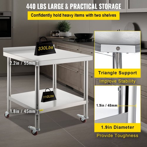 VEVOR Stainless Steel Prep Table, 36 x 24 x 35 Inch, 440lbs Load Capacity Heavy Duty Metal Worktable with Backsplash Adjustable Undershelf & 4 Casters, Commercial Workstation for Kitchen Restaurant