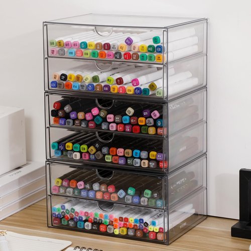 NINEWEEN Stackable Storage Drawers, Plastic Storage Bins for Home Office, Bathroom, Kitchen, Pantry, Clear Desk Organizer for Accessories, Marker, Pencils, Books, Art Crafts, Makeup (6 Drawers)