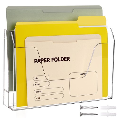 DINGHUO Wall Hanging File Organizer, Acrylic Mail Organizer wall mounted File Holder, Clear 2 Tier Folder Paper Document Magazine Rack for Desk Office School Home - 1 Pack