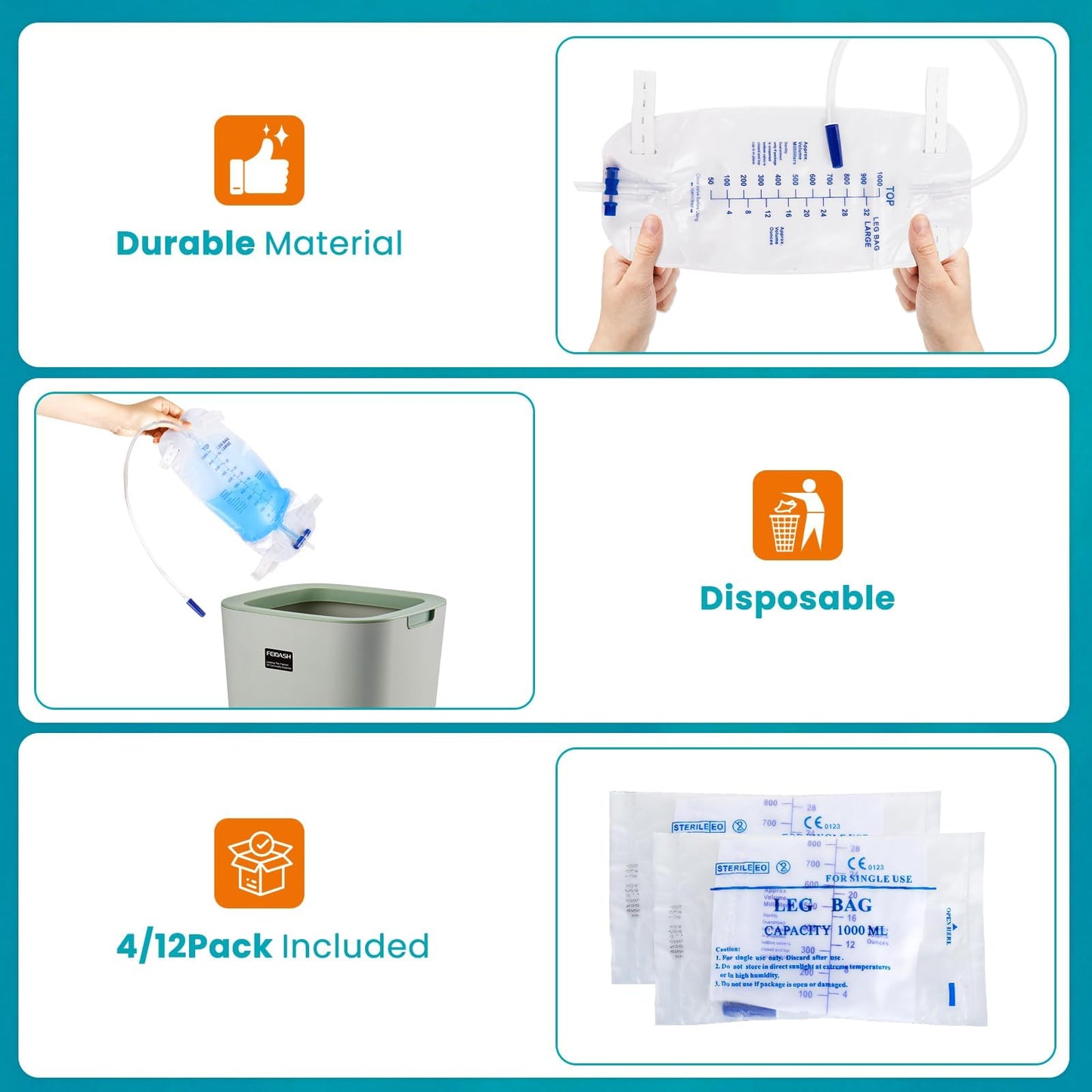 FURWEY 4-Pack Leg Bags, 1000mL, 18-inch Tubing with Anti-Reflux Valve, Sealed Separately & Single-Use, Anti-Slip Adjustable Elastic Leg Strap, One-Hand Drain Valve