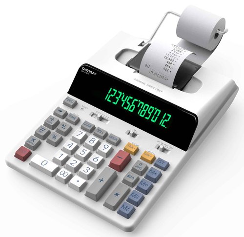 CATIGA 12 Digit Thermal Printing Calculator with Tape Print Out, Ink-Free Adding Machine, 3X Faster Quite at 8.0 LPS, Extra Large Fluorescent Display, Tax Calculation with Clock and Calendar, SP-2401