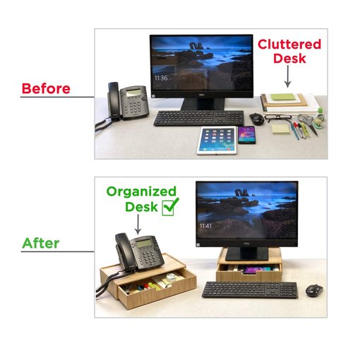 MobileVision Bamboo Drawer Large, Monitor Stand & Stackable Storage Solution for office products pens, pencils, scissors, notepads, business cards and more