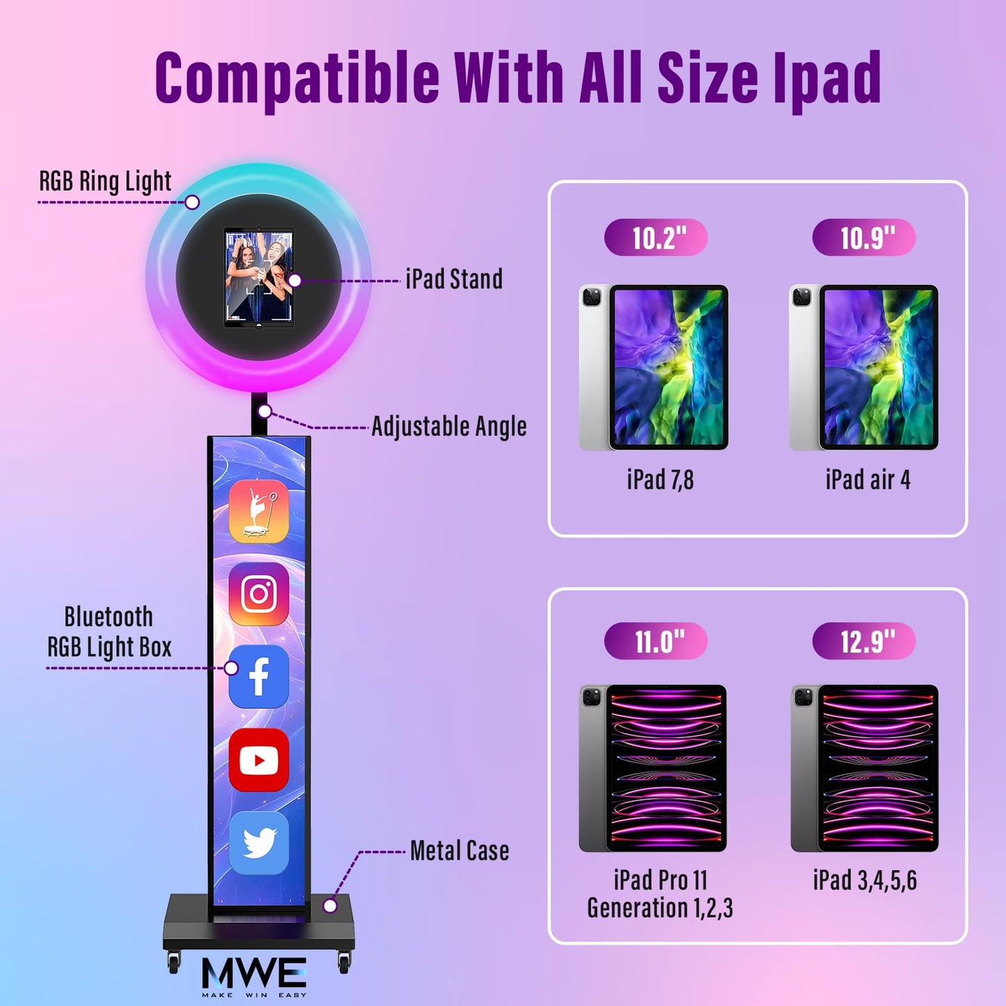 JIYANG Portable Photo Booth Compatible with Any Ipad,Photo Booth Stand Shell with ChackTok PhotoBooth VIP Member and Flight Case,Free Custom Logo,Perfect for Parties,Wedding and Events(Black)