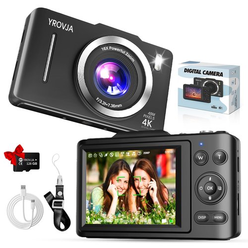 Digital Camera, FHD 4K Vlogging Camera, with 128GB Card, 16X Zoom Anti Shake Date Stamp,Portable Compact Point and Shoot Digital Camera for Teens Adult Beginner with 128GB Card(Black)