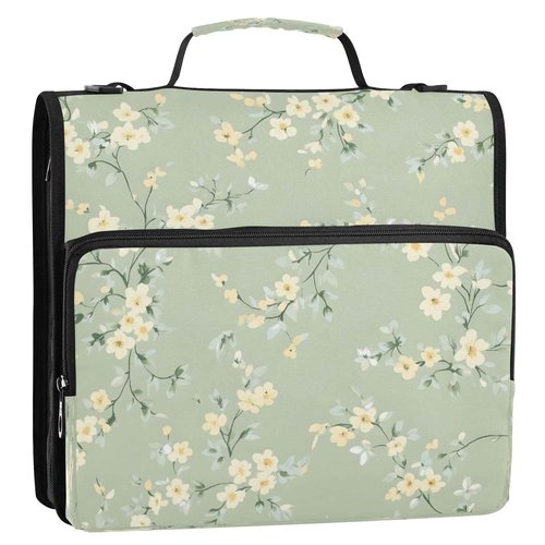 Wassud Pastel Green Floral Zipper Binder 3 Ring with Shoulder Strap and Handle Multiple Pockets Expanding File Folder Organizer