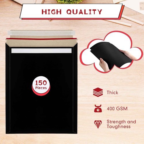 Fainne 150 Pack Rigid Mailers 9.25 x 11.8 Inches, Resealable Photo Document Mailers Cardboard Flat Envelopes for Shipping Photos, Pictures, Papers, Files, Cd, Magazines, Comic Books (Black)