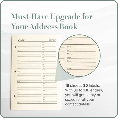 Gallery Leather Address Book Refill Replacement Pages - 3 Ring 5.5 x 8 Size, 15 Sheets, 30 Pages for 180 Entries, Quick and Easy Contact Storage and Updates