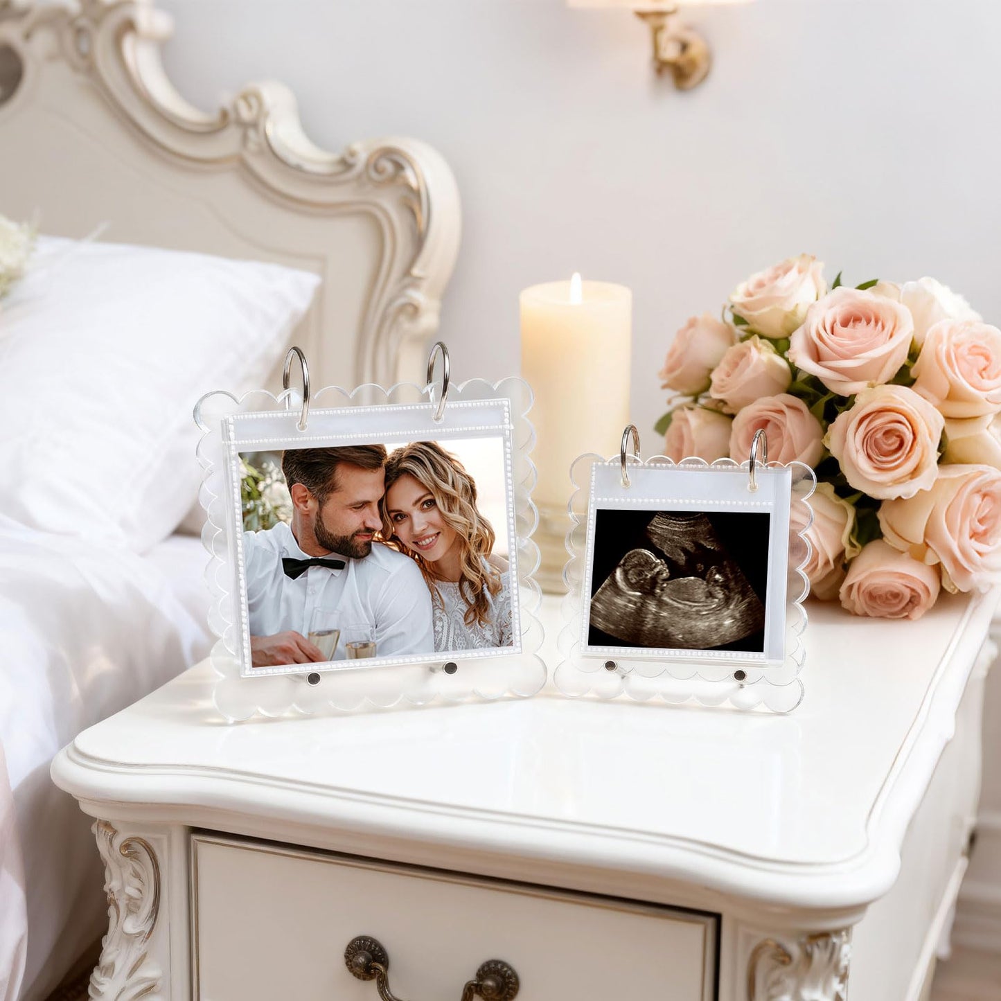 Flip Ultrasound Photo Album with Stand, Refillable Flip-Through Display for 3x4 Pictures, Acrylic Scalloped Cover, Pregnancy Gift for New Parents (Small)