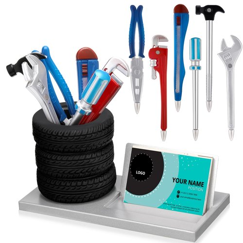 Feifeiya 7 Pcs Novelty Tool Pens Set Tire Shaped Pencil Holder Business Card Holder Wrench Pens Car Salesman Gift Fun Tire Decor Mechanic Desk Accessories for Desk Office Men Car Lover(Black,Silver)