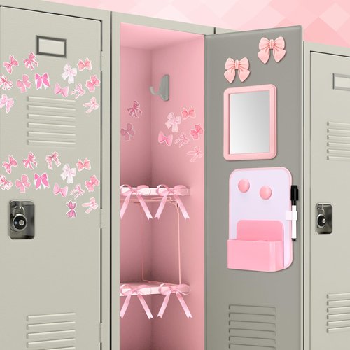 Watersay 115 Pcs Pink Locker Accessories Kit Foldable Locker Shelf Decorations for Girl Pink Bow Pen Holder Magnetic Mirror Coquette Stickers Background Whiteboard Ribbon Back to School Essentials