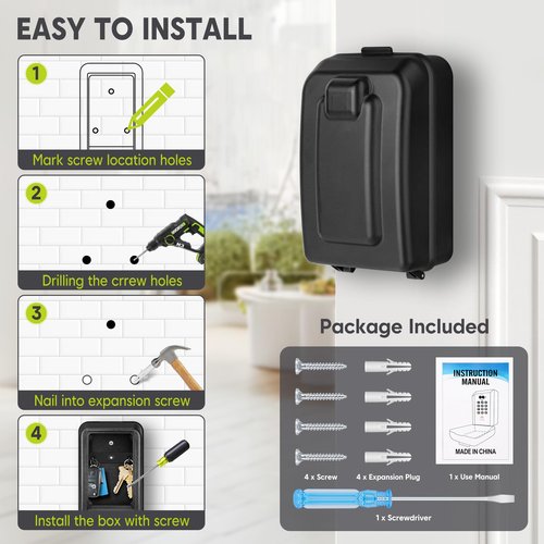 BKNOOU Sturdy Waterproof Key Lock Box for Outside, Large Capacity Wall Mount Lock Box for Keys with Code, 12-Digit Combination Resettable Security Lockbox for Outdoor House Spare Keys, Home, Garage