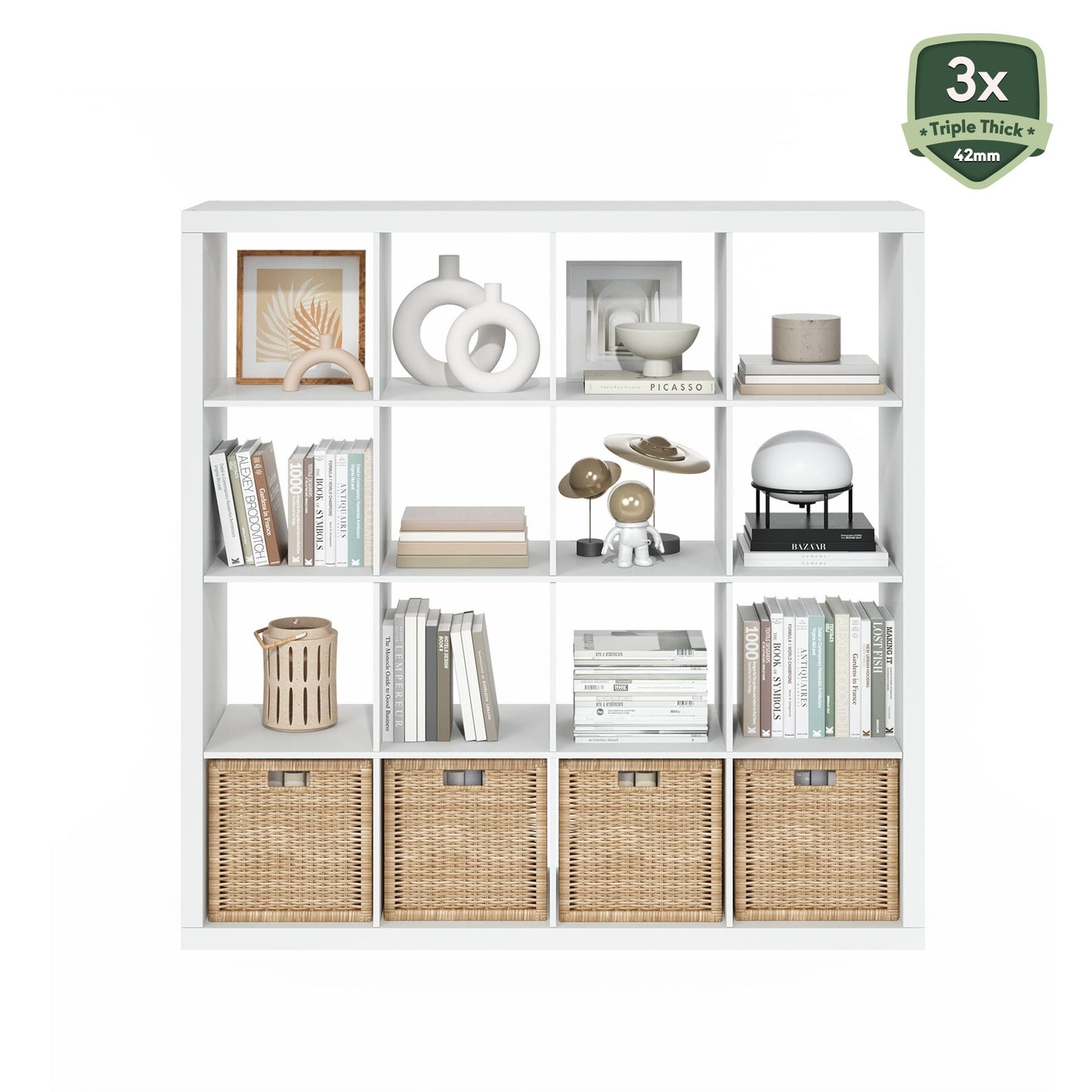 Furinno Cubicle Book Shelf, 16-Cube Bookshelf, Triple Thick Frame Cube Storage Organizer, 1.65" Bookcase, 15.4 x 57.4 x 56.9, for Home Office, Living Room, Plain White