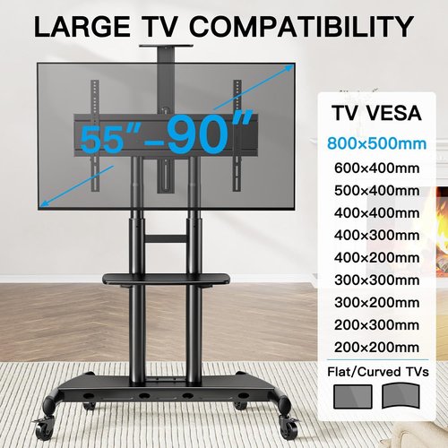 Perlesmith Mobile TV Stand - Adjustable Height for 55-90 Inch Flat/Curved Screens