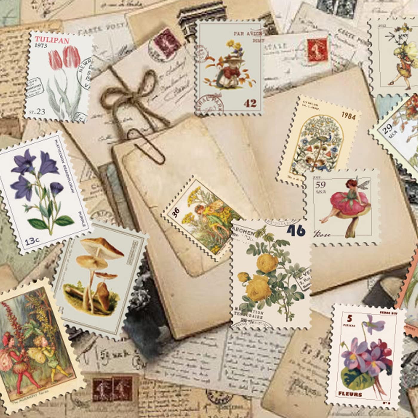 Skiennix Vintage Postage Stamp Stickers - 100 Pcs Deco Paper for Scrapbooking & DIY Crafts | Botanical Fairy Design