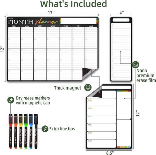 Magnetic Monthly Calendar Set by [Brand Name] - 17"x12" & 8.5"x12" Weekly Planner with 6 Markers | Perfect for Fridge Organization