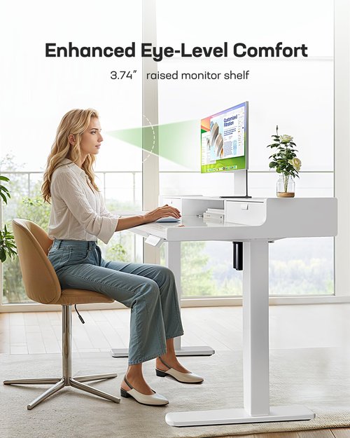 Marsail Glass Electric Standing Desk with Drawers, 48 x 24 Inch Stand Up Desk with Monitor Stand, Height Adjustable Desk with Drawers for Home & Office, 4 Preset Heights, White