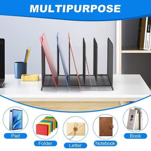 TOPCJ 5 Sections Desk File Holder/Rack/Sorter,Mesh File Organizer,File Folder Organizer,Metal Upright Desktop Organization for Documents,Magazine,Kitchenware,Antiskid,Antirust,Sturdy,1 Pack