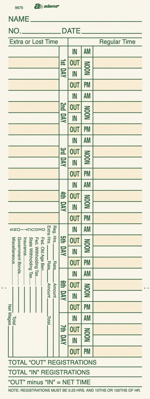 Adams Time Cards, Bi-Weekly, 2-Sided, Overtime Format, 3-3/8" x 9", Manila, Green/Red Print, 200-Count (9675-200)
