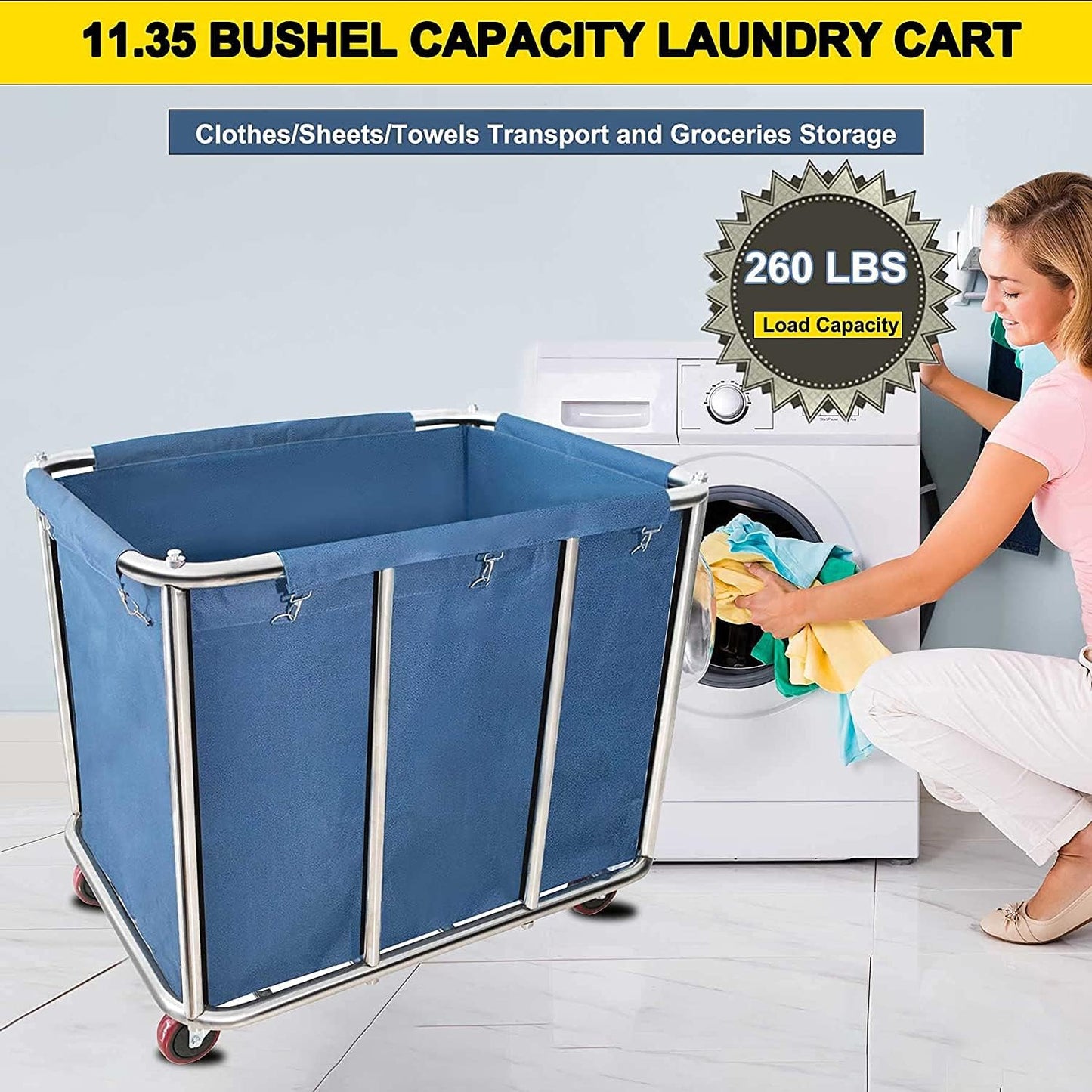 **11.35 Bushel Industrial Rolling Laundry Cart - Heavy Duty Laundry Basket with Wheels | 35.4''L x 25.6''W x 31.5''H**
