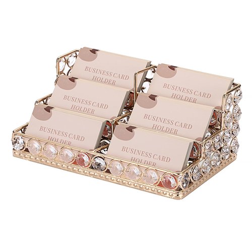 Hipiwe 3 Tiers Crystal Business Card Holder Gold Business Card Display Stand with 6 Slots Name Card Organizer for Office Exhibition Business