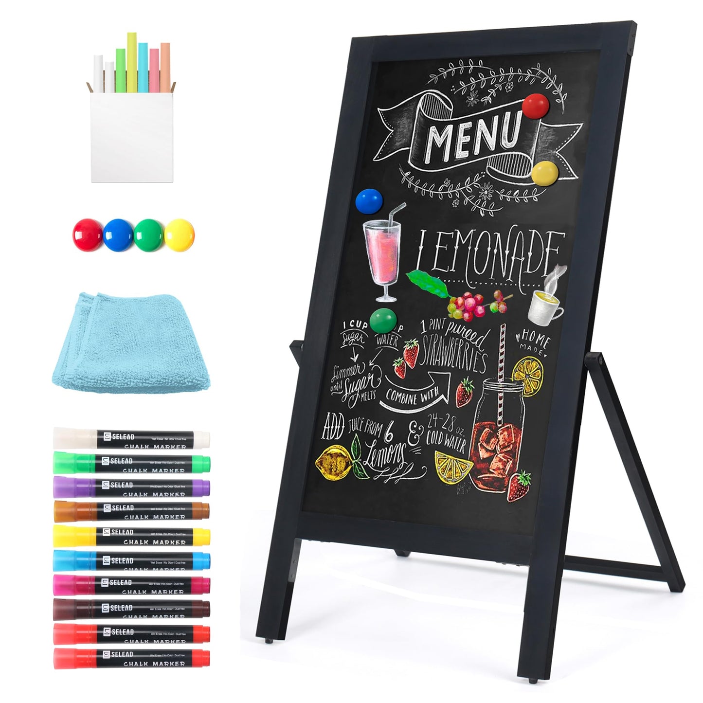 SELEAD Solid Wood Frame Chalkboard with Stand - 40" x 20" Magnetic Double Sided Sandwich Board Signs Outdoor Chalk Board Easel Pizarra for Menu, Business, Cafe, Event - Black