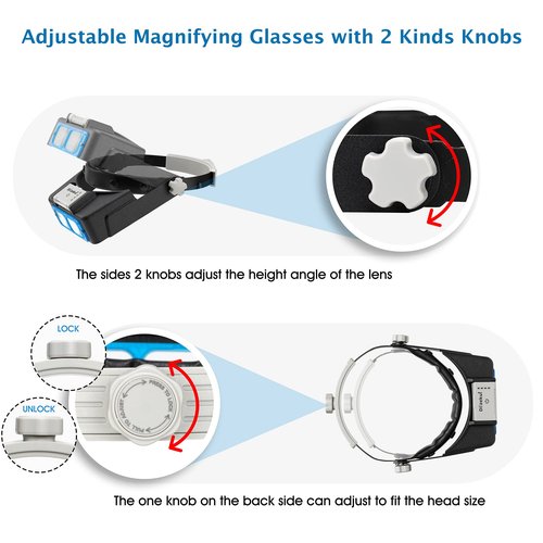 Dilzekui Headband Magnifier with LED Light, Rechargeable Head Mount Magnifier 1.5X to 3.5X, Opitcal Magnifying Glass with Lens, Jewelers Optivisor Hobbies Visor Manifying Glasses for Close Work