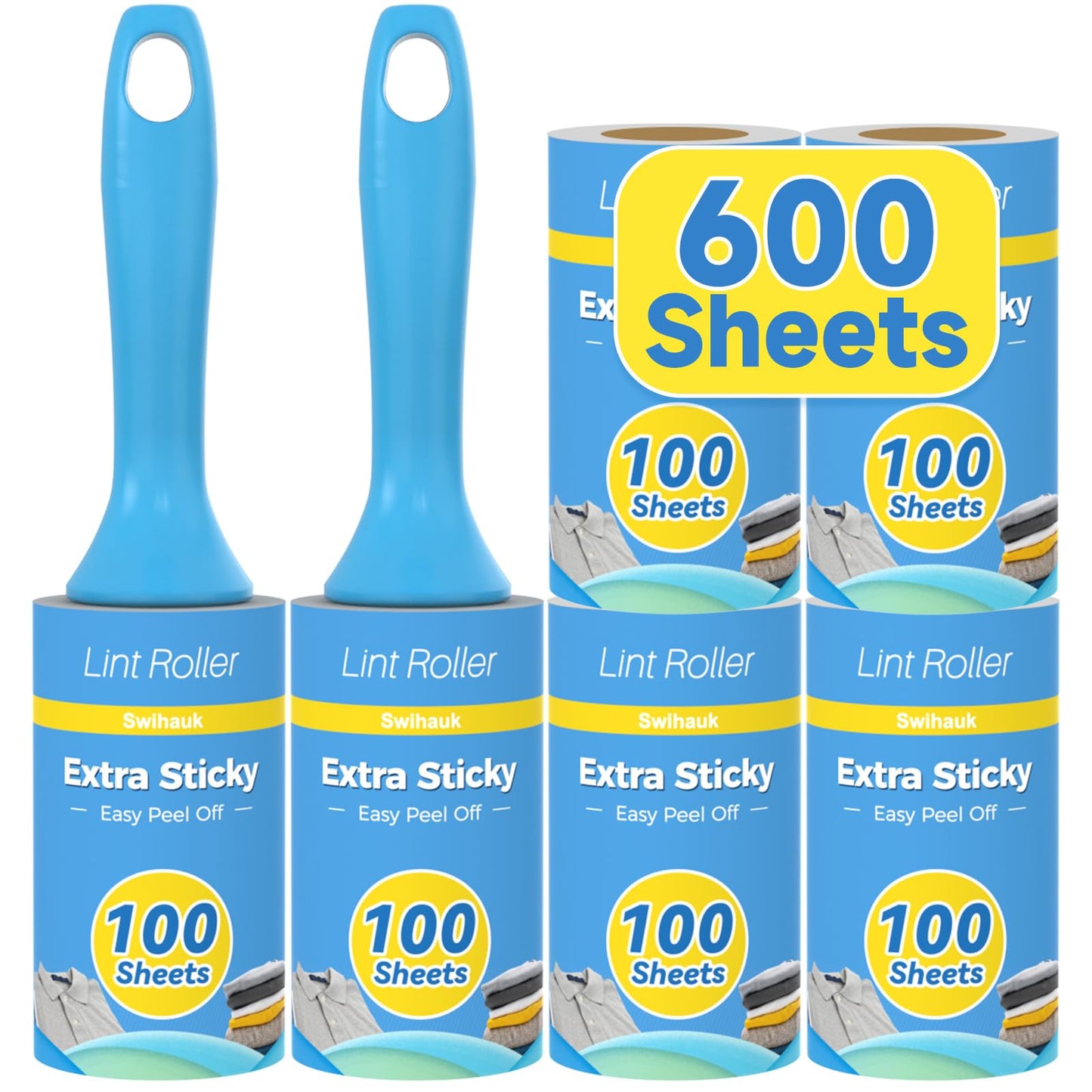 Swihauk 600 Sheets Extra Sticky Lint Rollers for Pet Hair, Easy Spiral Tear Lint Roller for Clothes with Ergonomic Handle, Multipurpose Lint Remover for Furniture, Carpet, Car Seat