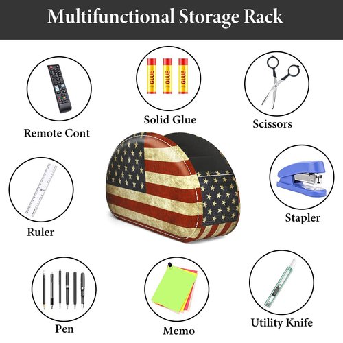 QIELIZI Leather Remote Caddy Desktop Organizer with 5 Spacious Compartments for TV Remotes/Media Controllers/Office Supplies (American Flag)
