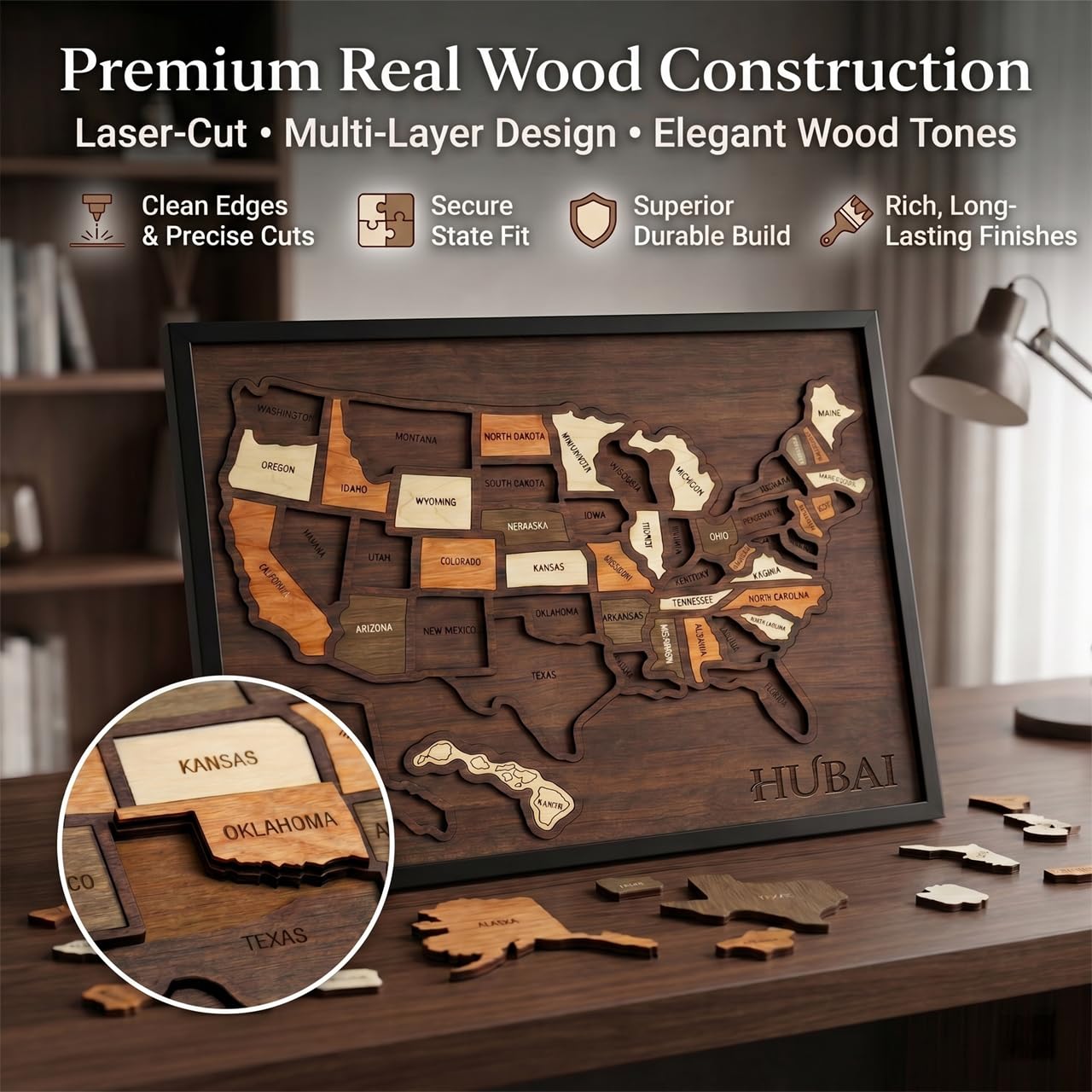 Wooden USA Travel Map Puzzle, Journey Tracker Maps Pin Board for Traveling, for Couple Family Art Home Decor (1pcs)