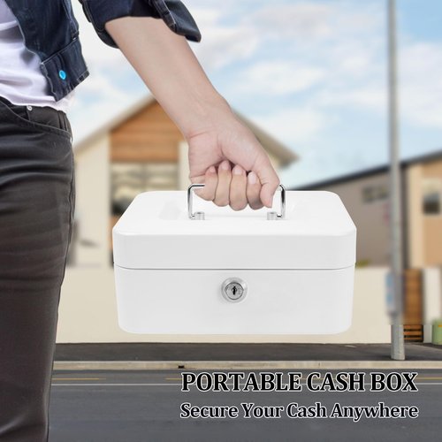 POLSPAG Cash Box with Key Lock Metal Money Box with Removable Coin Tray Medium Safe Lock Box Durable Money Saving Organizerfor Security Lock Safe Box for Office Small Business 7.87 x 6.3 x 3.54 inches