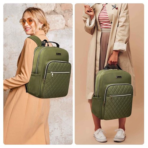Modoker 15.6 Inch Women's Laptop Backpack, Quilted Work and Travel Backpack with USB Charging Port, Green