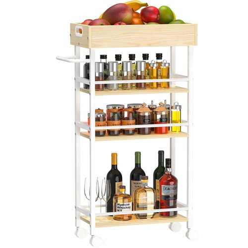 Asgolion Slim Storage Cart, 4 Tier Rolling Cart with Handle, Kitchen Cart on Wheels, Metal Frame Narrow Cart for Small Spaces for Dining Room, Bathroom, Laundry Room, Office White